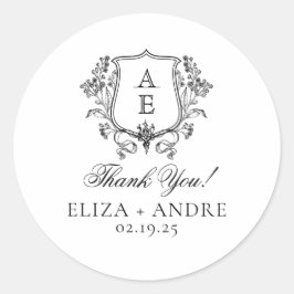 Elegante zwart-wit monogram blad wapen trouw ronde sticker