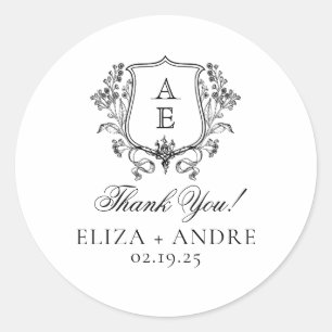 Elegante zwart-wit monogram blad wapen trouw ronde sticker
