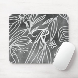 Elegante Zwart-Wit Monogram Bladeren Tekening Muismat