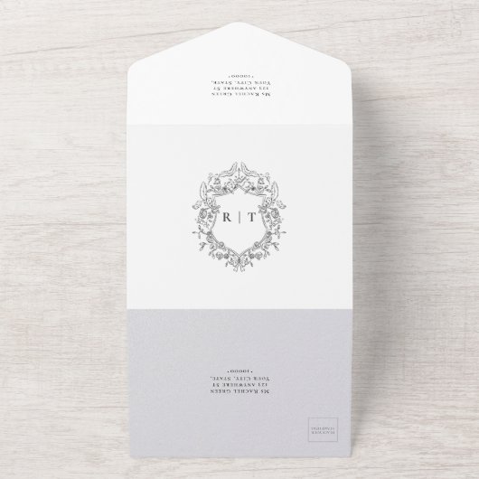 Elegante zwart-wit monogram bruiloft all in one uitnodiging (Buitenkant)