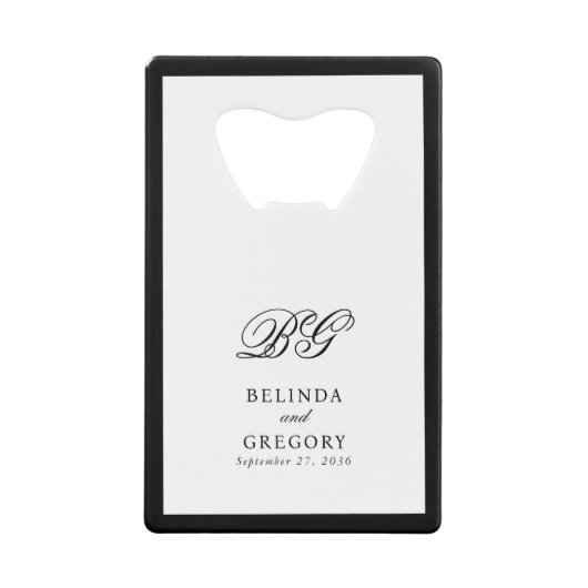 Elegante zwart wit monogram bruiloft gunst creditkaart flessenopener (Voorkant)