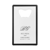 Elegante zwart wit monogram bruiloft gunst creditkaart flessenopener (Achterkant)