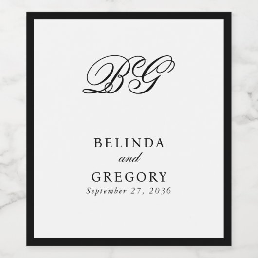 Elegante zwart wit monogram bruiloft gunst wijn etiket (Enkel label)