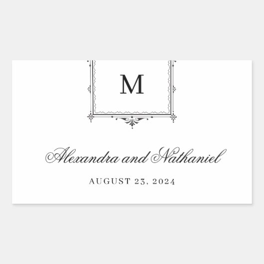 Elegante zwart-wit  Monogram bruiloft Rechthoekige Sticker (Voorkant)