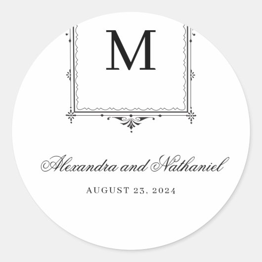 Elegante zwart-wit Monogram bruiloft Ronde Sticker (Voorkant)