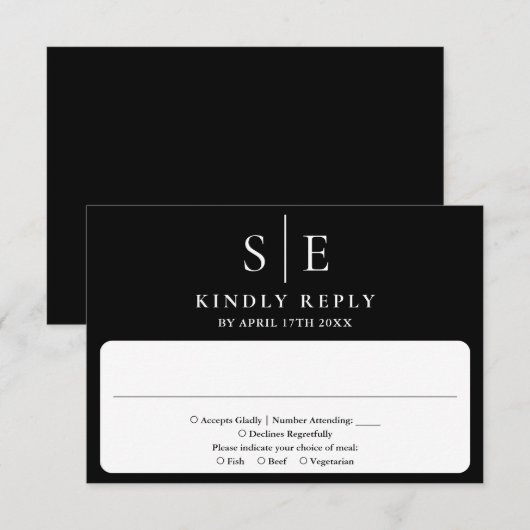 Elegante zwart-wit monogram bruiloft RSVP kaartje (Voorkant / Achterkant)