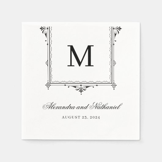 Elegante zwart-wit  Monogram bruiloft Servet (Voorkant)