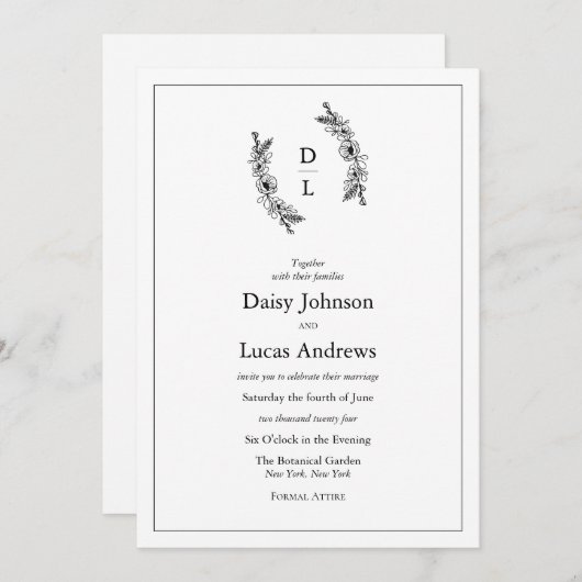 Elegante zwart-wit monogram bruiloft uitnodiging (Voorkant / Achterkant)