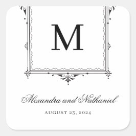 Elegante zwart-wit  Monogram bruiloft Vierkante Sticker