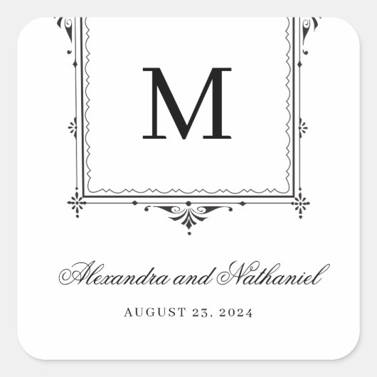 Elegante zwart-wit Monogram bruiloft Vierkante Sticker (Voorkant)
