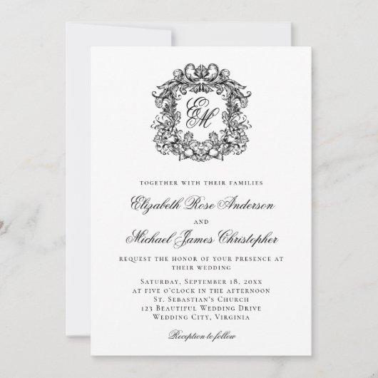 Elegante zwart-wit Monogram Crest bruiloft Kaart (Voorkant)