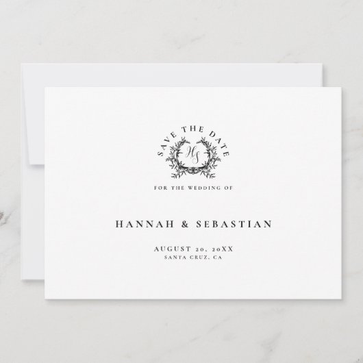 Elegante zwart/wit Monogram Crest bruiloft Save The Date (Voorkant)