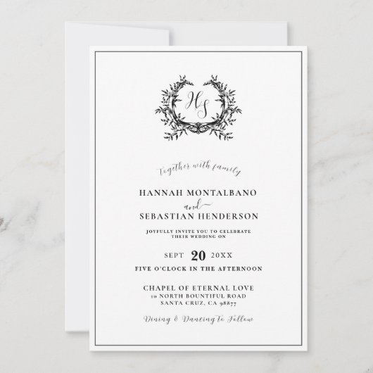 Elegante zwart/wit monogram Crest QR Code Huwelijk Kaart (Voorkant)