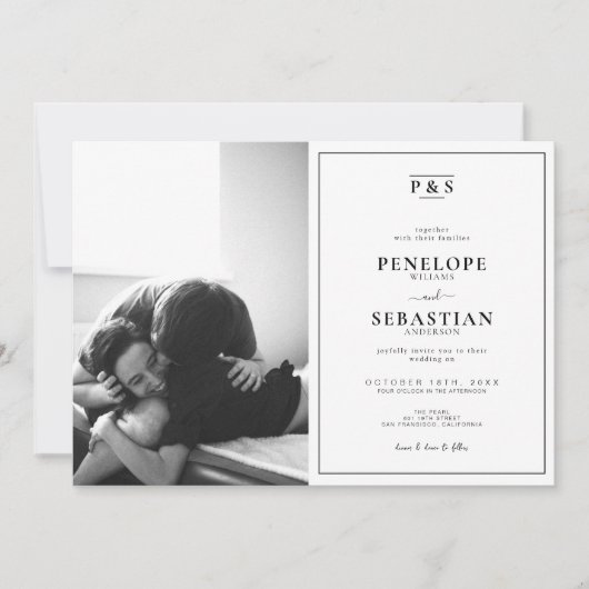 Elegante zwart-wit monogram foto bruiloft kaart (Voorkant)