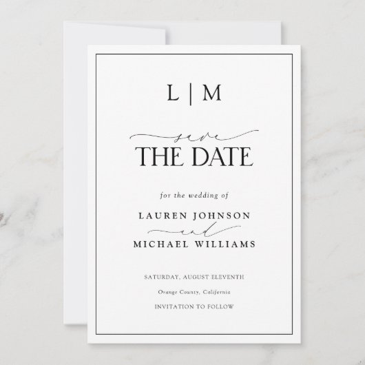 Elegante zwart-wit monogram foto bruiloft save the date (Voorkant)