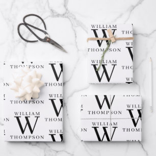 Elegante zwart-wit monogrammed naam inpakpapier vel