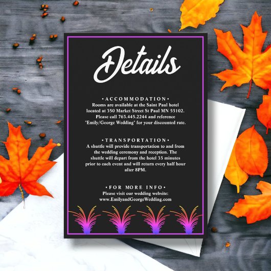 Elegante zwart-wit neon gras herfst bruiloft informatiekaartje