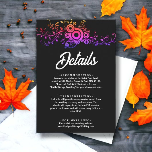 Elegante zwart-wit neon herfst bruiloft details informatiekaartje