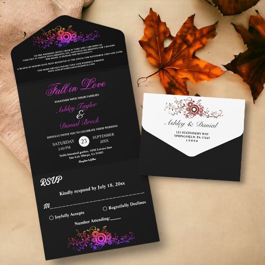 Elegante zwart-wit neon loof val bruiloft all in one uitnodiging