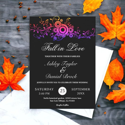 Elegante zwart-wit neon loof val bruiloft kaart