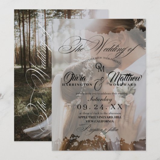 Elegante zwart-wit Overlay 2 foto bruiloft Kaart (Voorkant / Achterkant)