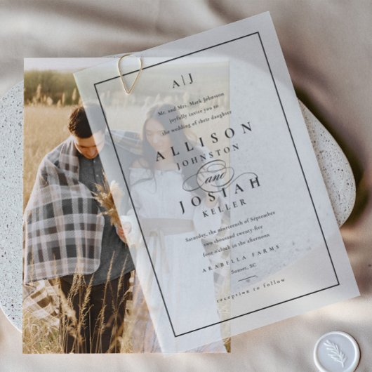 Elegante zwart-wit overlay bruiloft vellum uitnodigingen