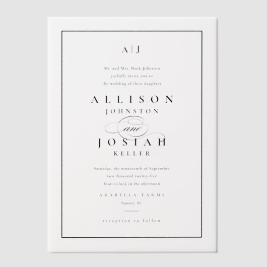 Elegante zwart-wit overlay bruiloft vellum uitnodigingen (Voorkant)