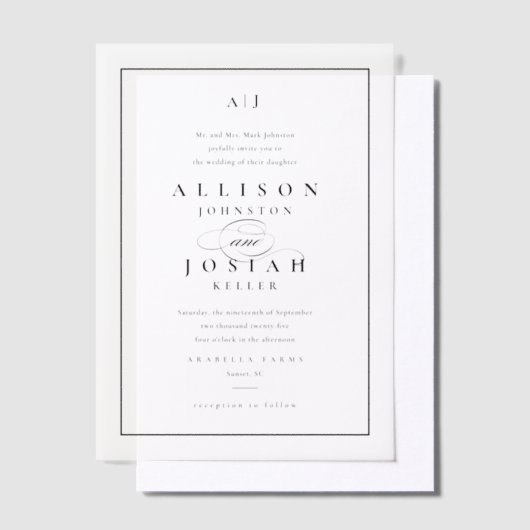 Elegante zwart-wit overlay bruiloft vellum uitnodigingen (Offset)