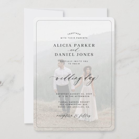 Elegante zwart-wit overlay foto bruiloft kaart (Voorkant)