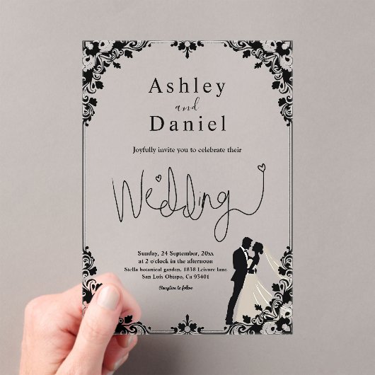 Elegante zwart-wit paar klassieke bruiloft acryl uitnodigingen (Insitu (Draagbaar))