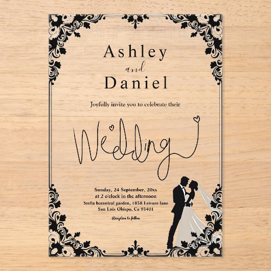 Elegante zwart-wit paar klassieke bruiloft acryl uitnodigingen (Voorkant)