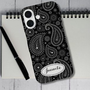 Elegante zwart-wit paisley – Retro Oosters iPhone 16 Hoesje