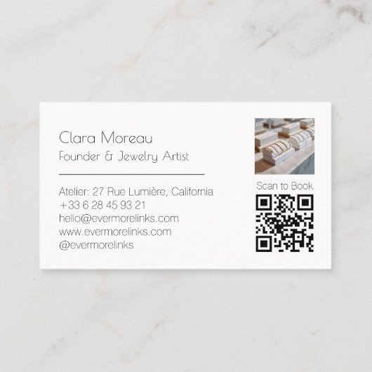 Elegante Zwart Wit Permanente Sieraden QR Code Visitekaartje (Achterkant)