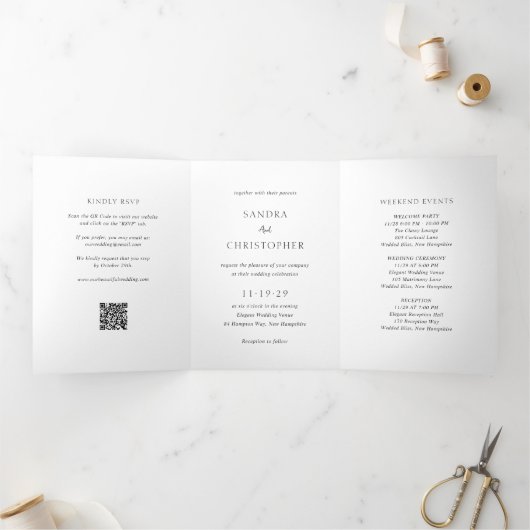 Elegante zwart-wit QR-code Moderne bruiloft Drieluik Uitnodiging (Binnen)