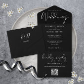 Elegante zwart-wit QR-code monogram bruiloft All In One Uitnodiging
