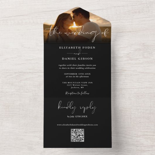 Elegante zwart-wit QR-code trouwfoto All In One Uitnodiging (Binnen)