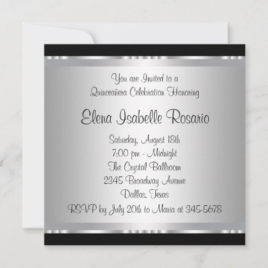 Elegante zwart-wit Quinceanera Uitnodigingen (Achterkant)