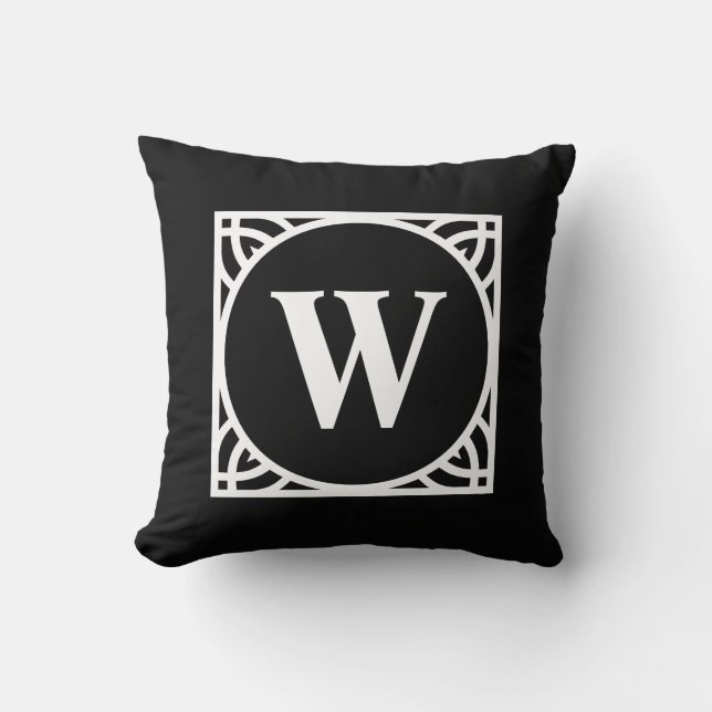 Elegante zwart-wit rand monogram kussen (Voorkant)