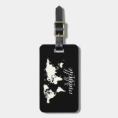 Elegante zwart-wit reizen wereldkaart, vliegtuig bagagelabel (Voorkant verticaal)