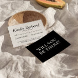 Elegante zwart-wit retro Vintage Unieke bruiloft RSVP Kaartje<br><div class="desc">Een eenvoudige en elegante kalligrafie zwart-wit retro bruiloft RSVP kaart. Dat heeft een  moderne stijlvolle witte  achtergrond met zwart schrift. En aanpasbare info. Minimalistisch en chique met handgeschreven letters. Het is allemaal bewerkbaar door op de personalisatieknop te klikken.</div>