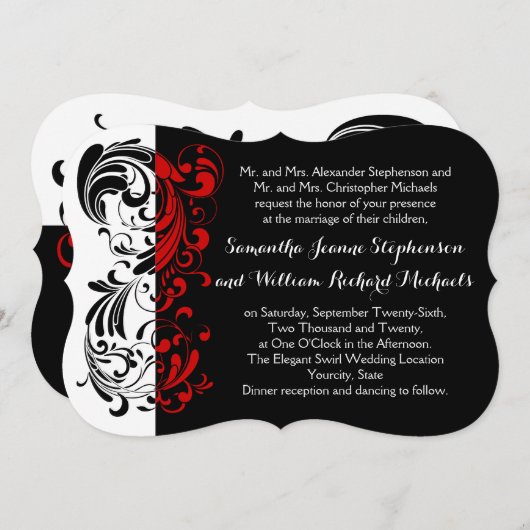 Elegante zwart/wit/rode swirl vormige bruiloft kaart (Voorkant / Achterkant)