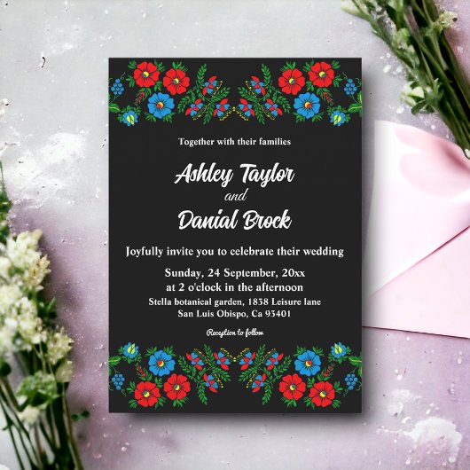 Elegante zwart-wit romantische bloemenbruiloft kaart