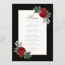 Elegante Zwart & Wit Rood Bloemen Gouden Kalligraf Menu
