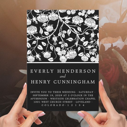 Elegante zwart & wit rozen bloemenbruiloft kaart