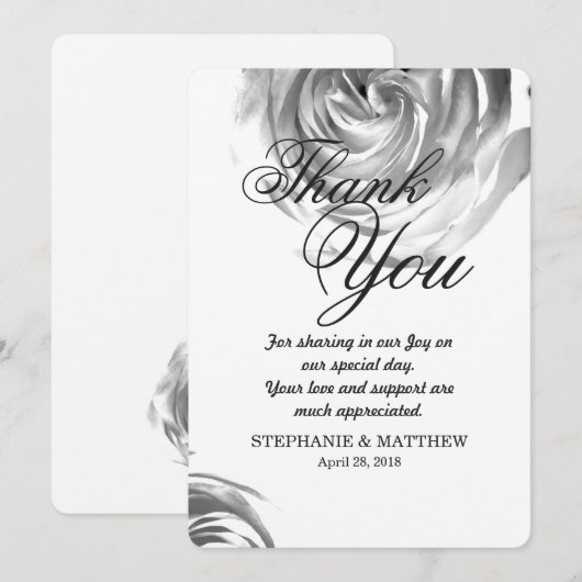 Elegante  zwart-wit rozenprint bedankkaart (Voorkant / Achterkant)