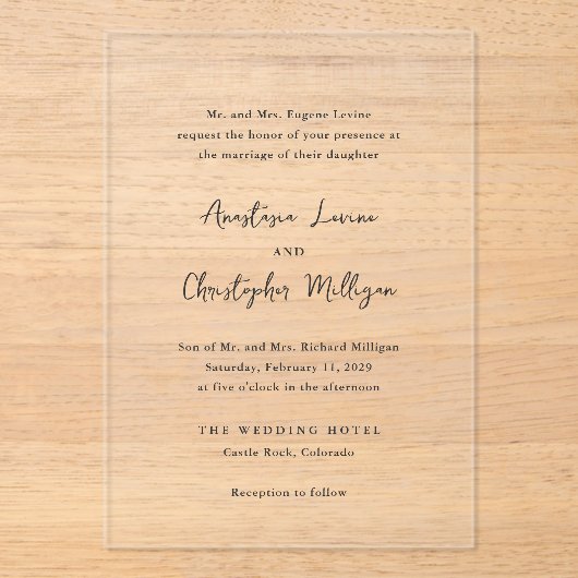 Elegante zwart-wit schone bruiloft acryl uitnodigingen (Voorkant)