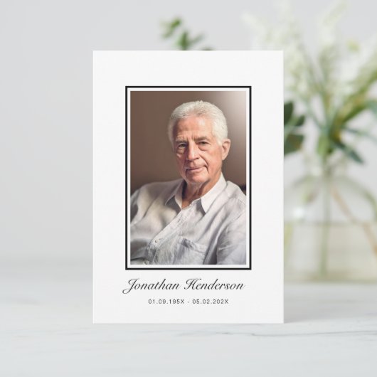 Elegante zwart-wit script begrafenisfoto bedankkaart (Staand voorkant)