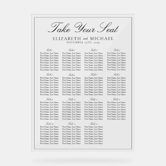 Elegante zwart-wit script bruiloft zitplaatsen acryl bord (Voorkant)