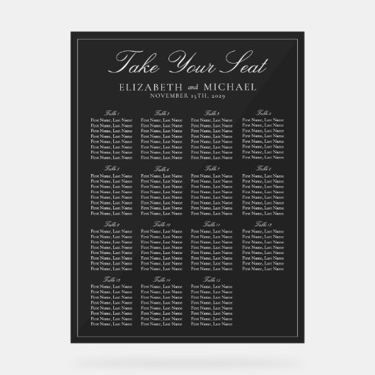 Elegante zwart-wit script bruiloft zitplaatsen acryl bord (Voorkant)