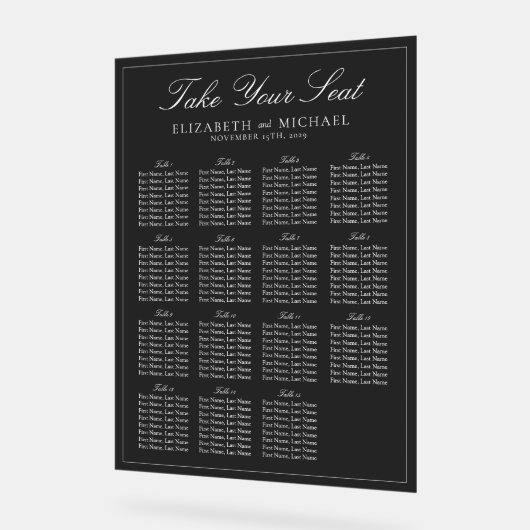 Elegante zwart-wit script bruiloft zitplaatsen acryl bord (Hoek)